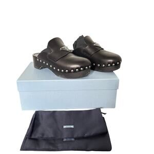 Prada Triangle Logo Studded Clogs Black Leather Wooden Platform Mules Size EU 37
